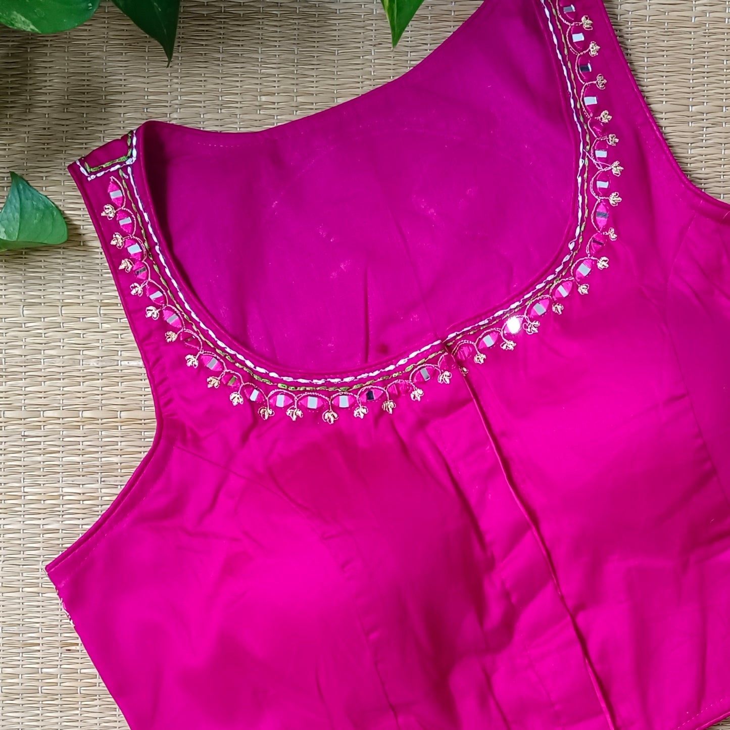Dark pink mirror & katha work blouse