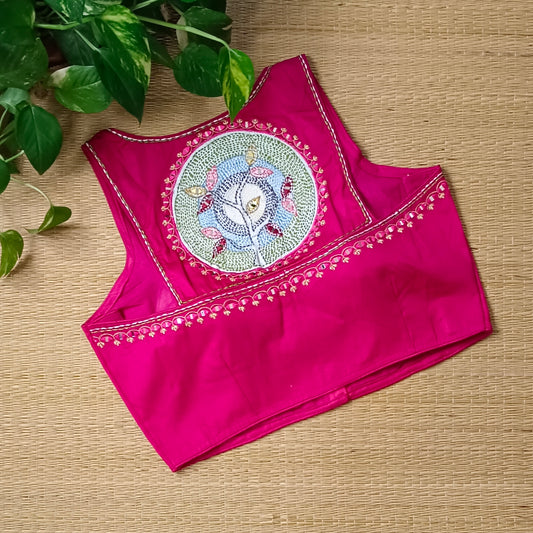 Dark pink mirror & katha work blouse