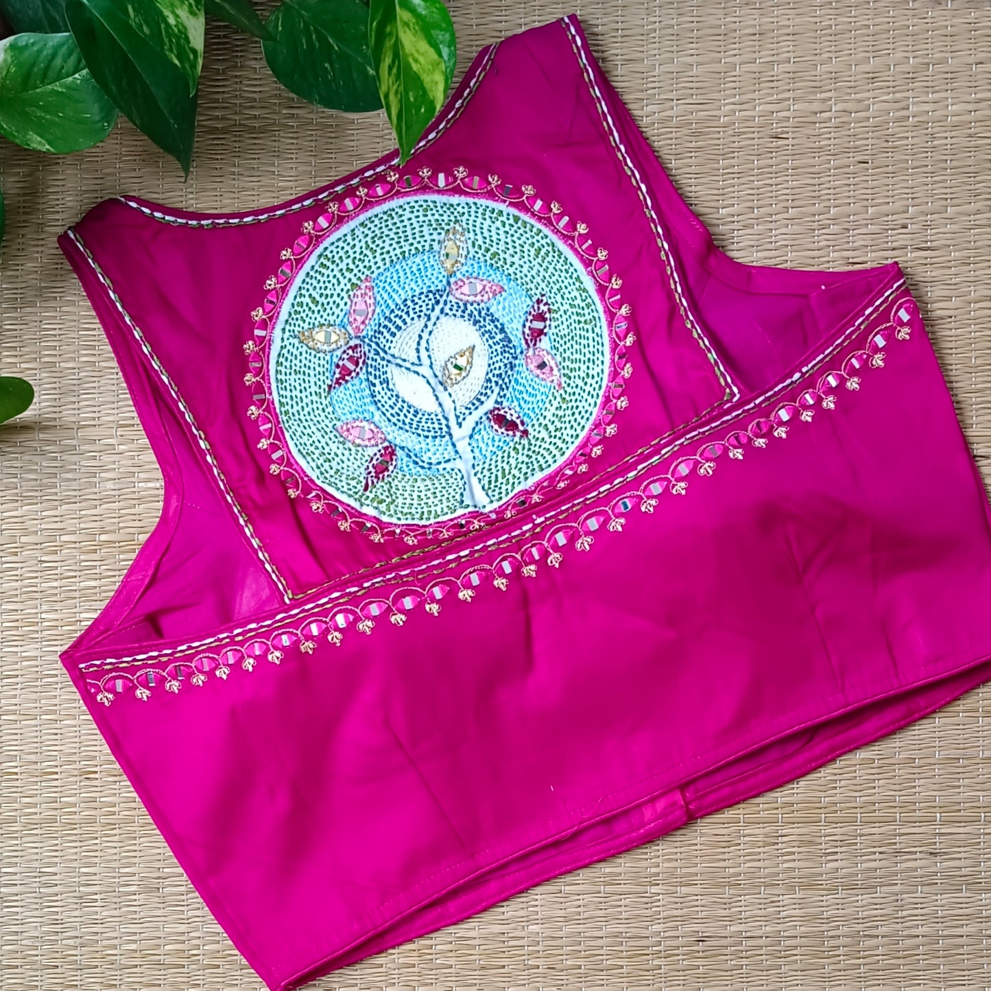 Dark pink mirror & katha work blouse