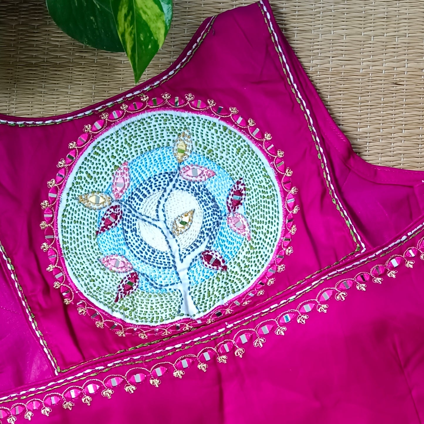 Dark pink mirror & katha work blouse