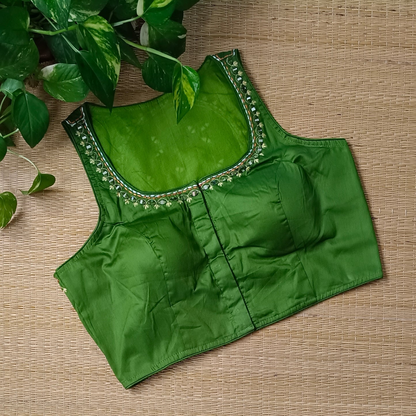 Light mehendi green mirror & katha work blouse