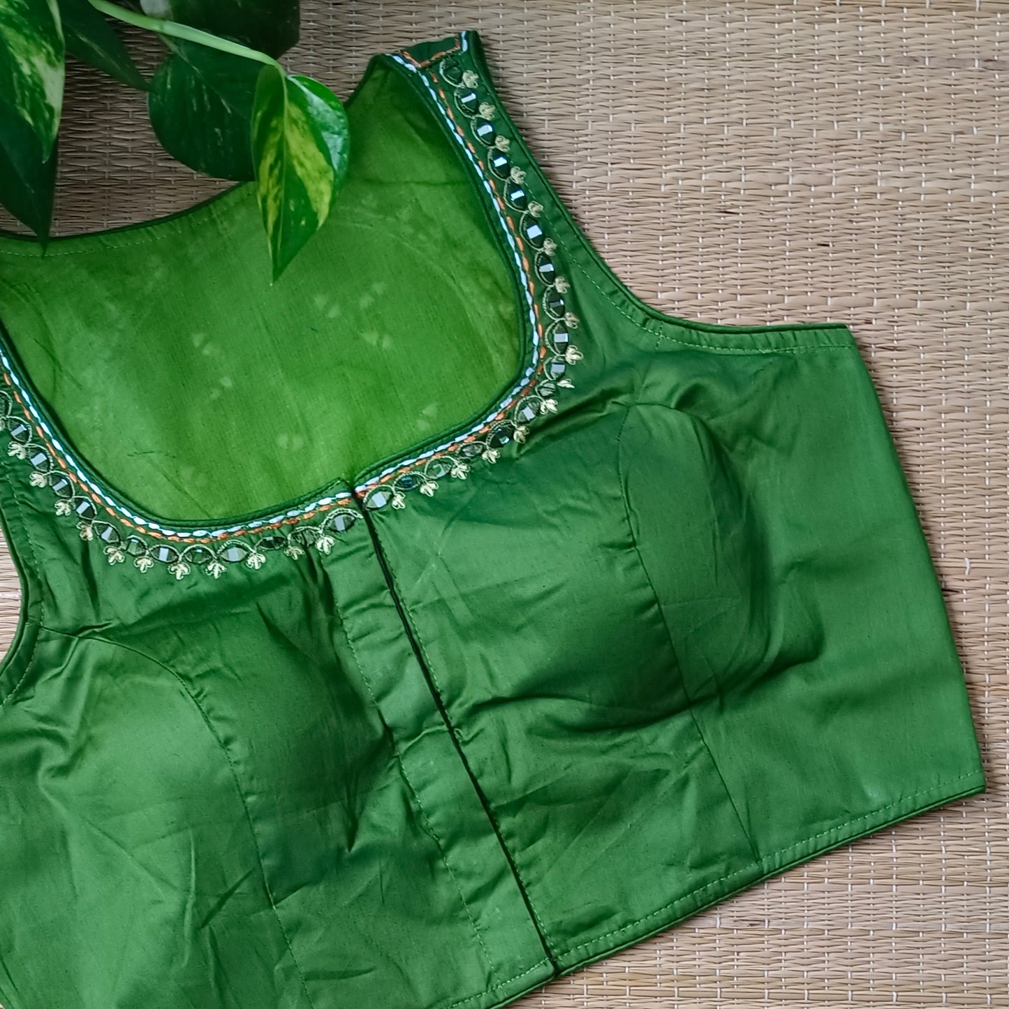 Light mehendi green mirror & katha work blouse