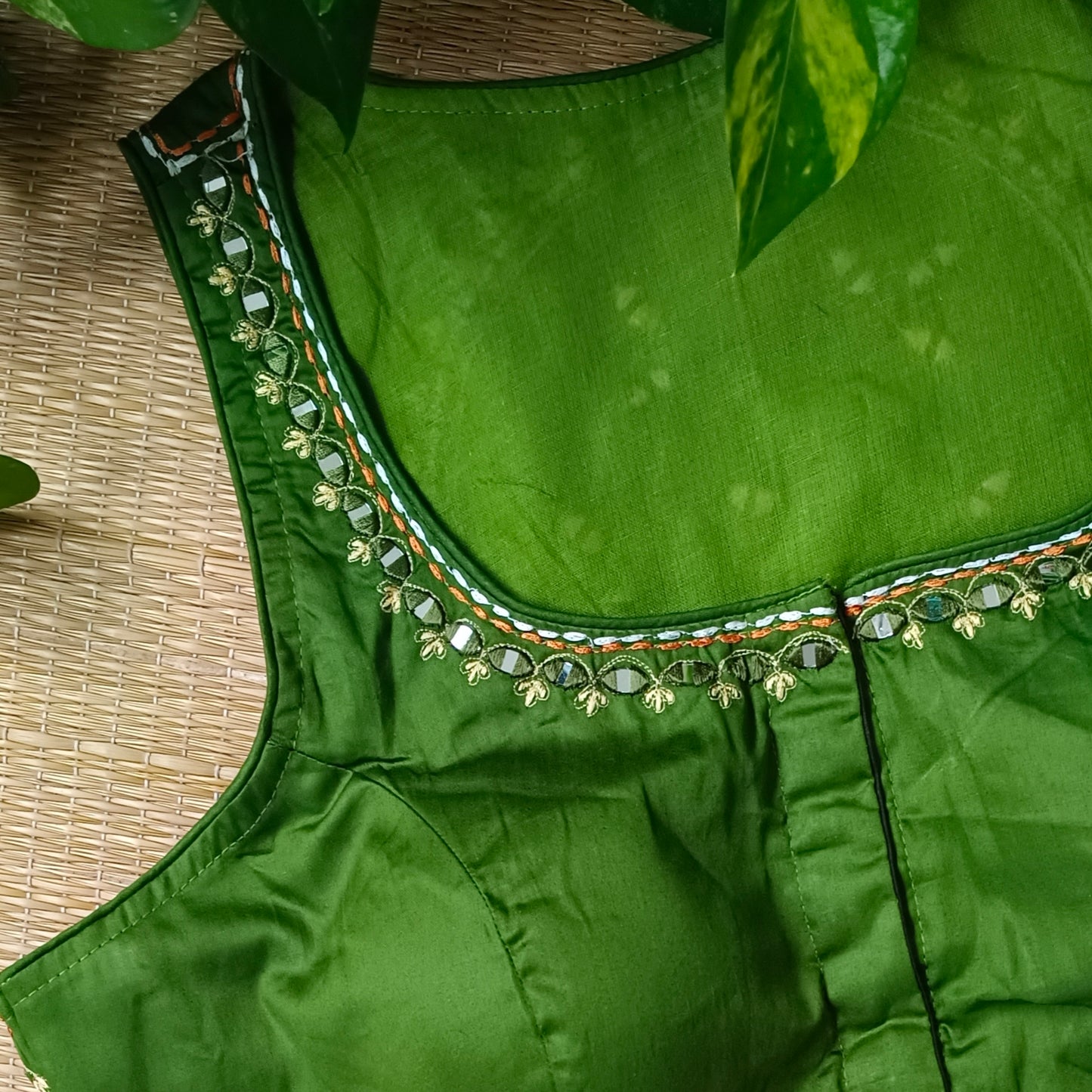 Light mehendi green mirror & katha work blouse
