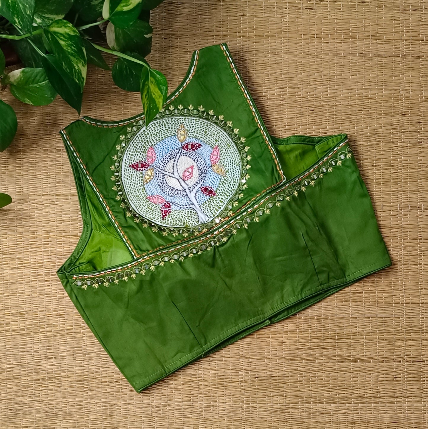 Light mehendi green mirror & katha work blouse