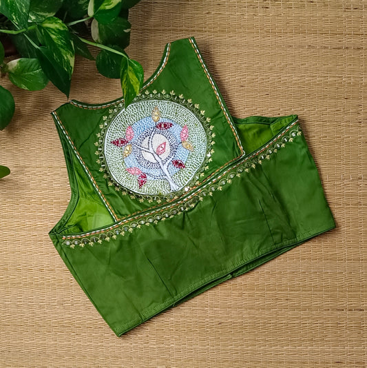 Light mehendi green mirror & katha work blouse