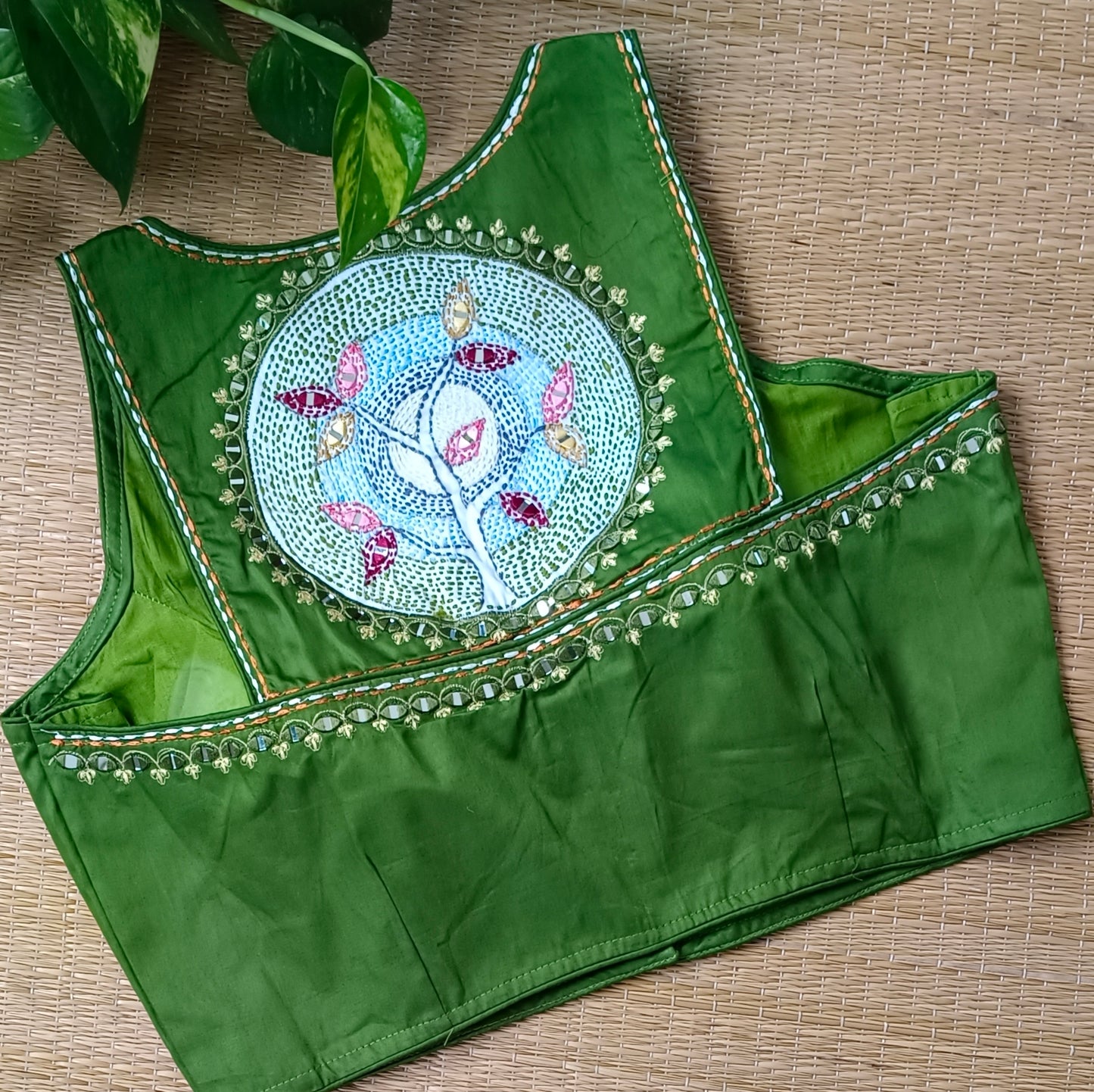 Light mehendi green mirror & katha work blouse