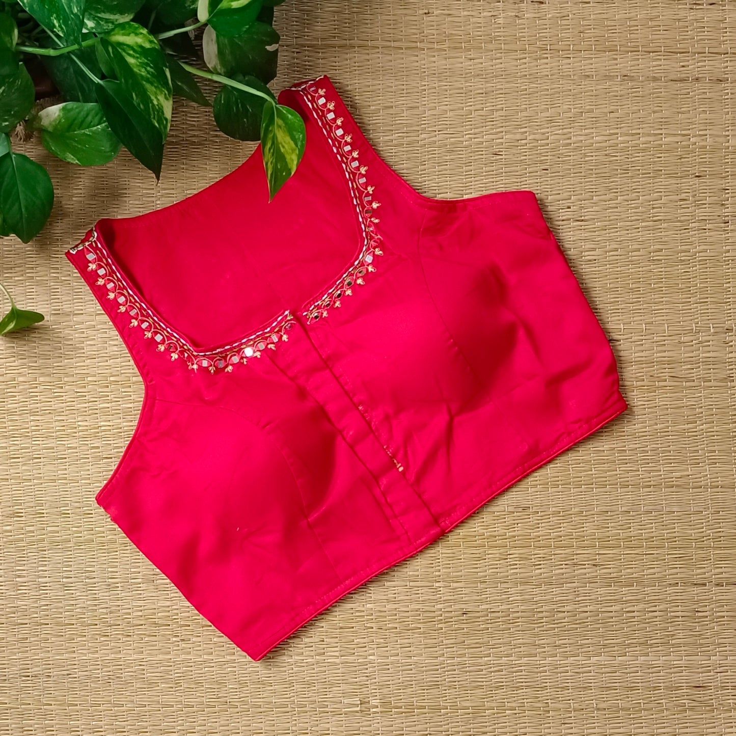 Cherry red mirror & katha work blouse