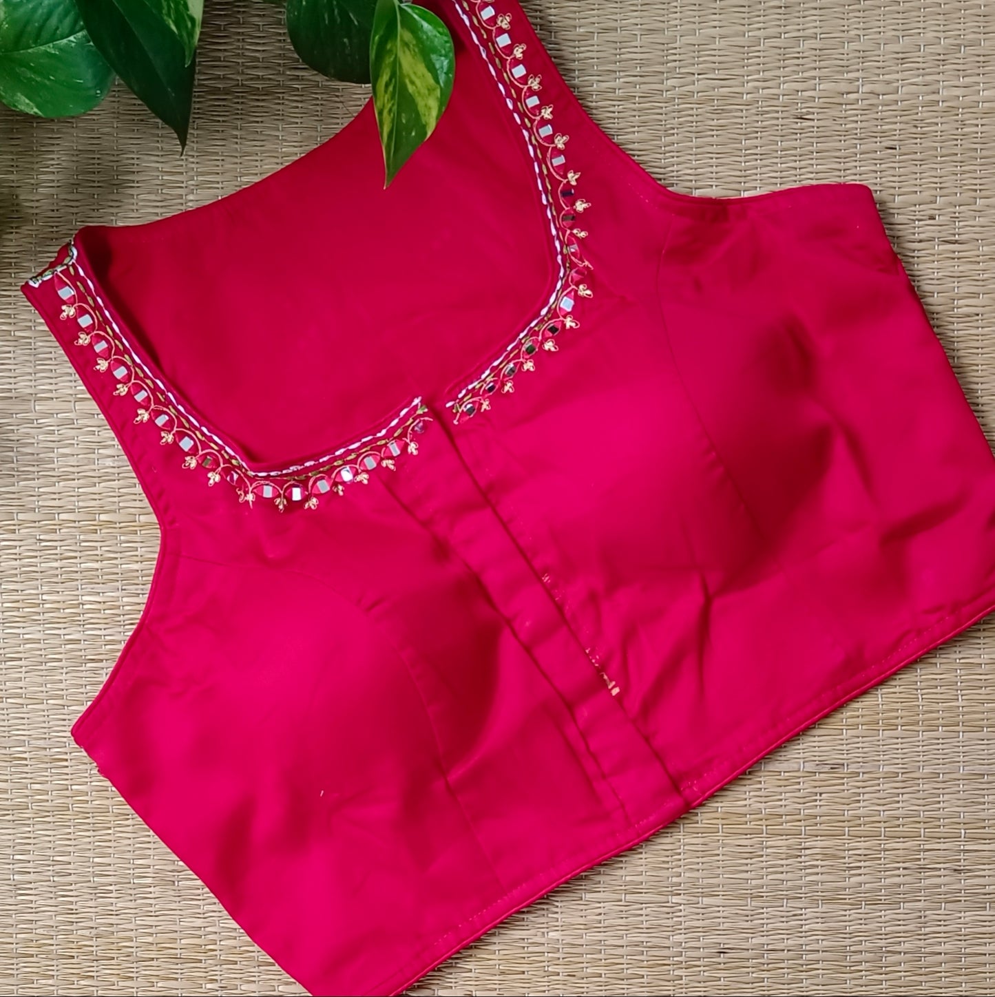 Cherry red mirror & katha work blouse