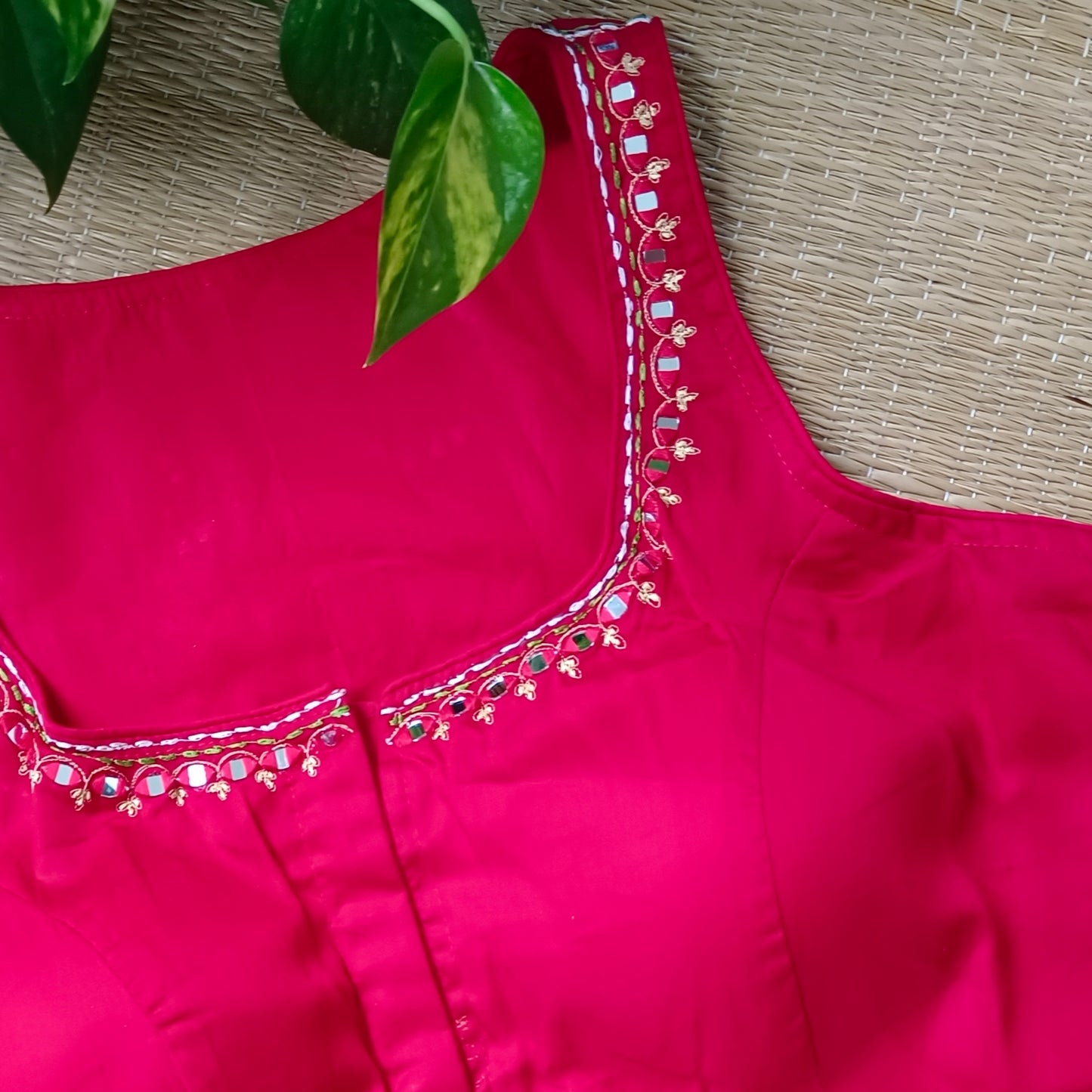 Cherry red mirror & katha work blouse