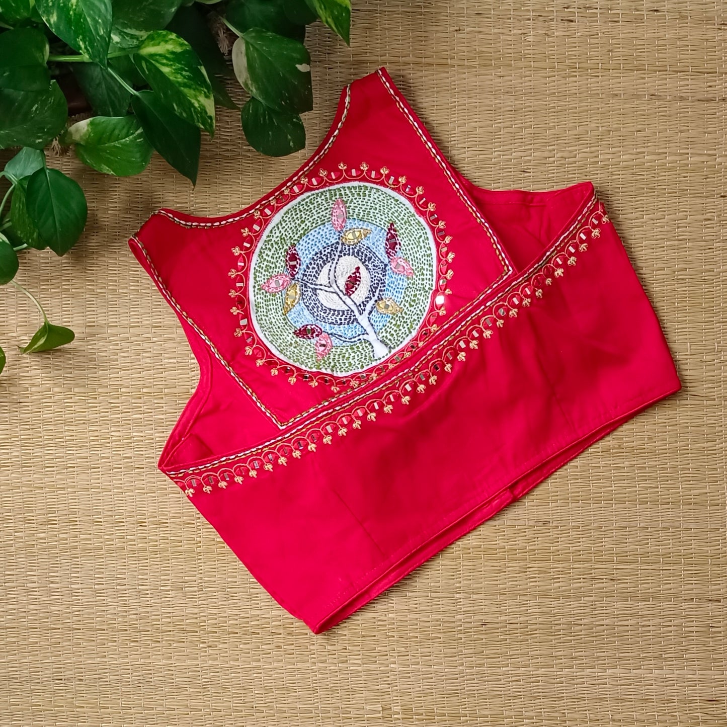Cherry red mirror & katha work blouse