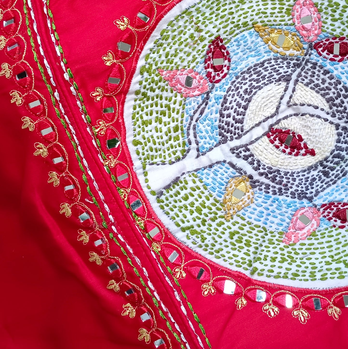 Cherry red mirror & katha work blouse