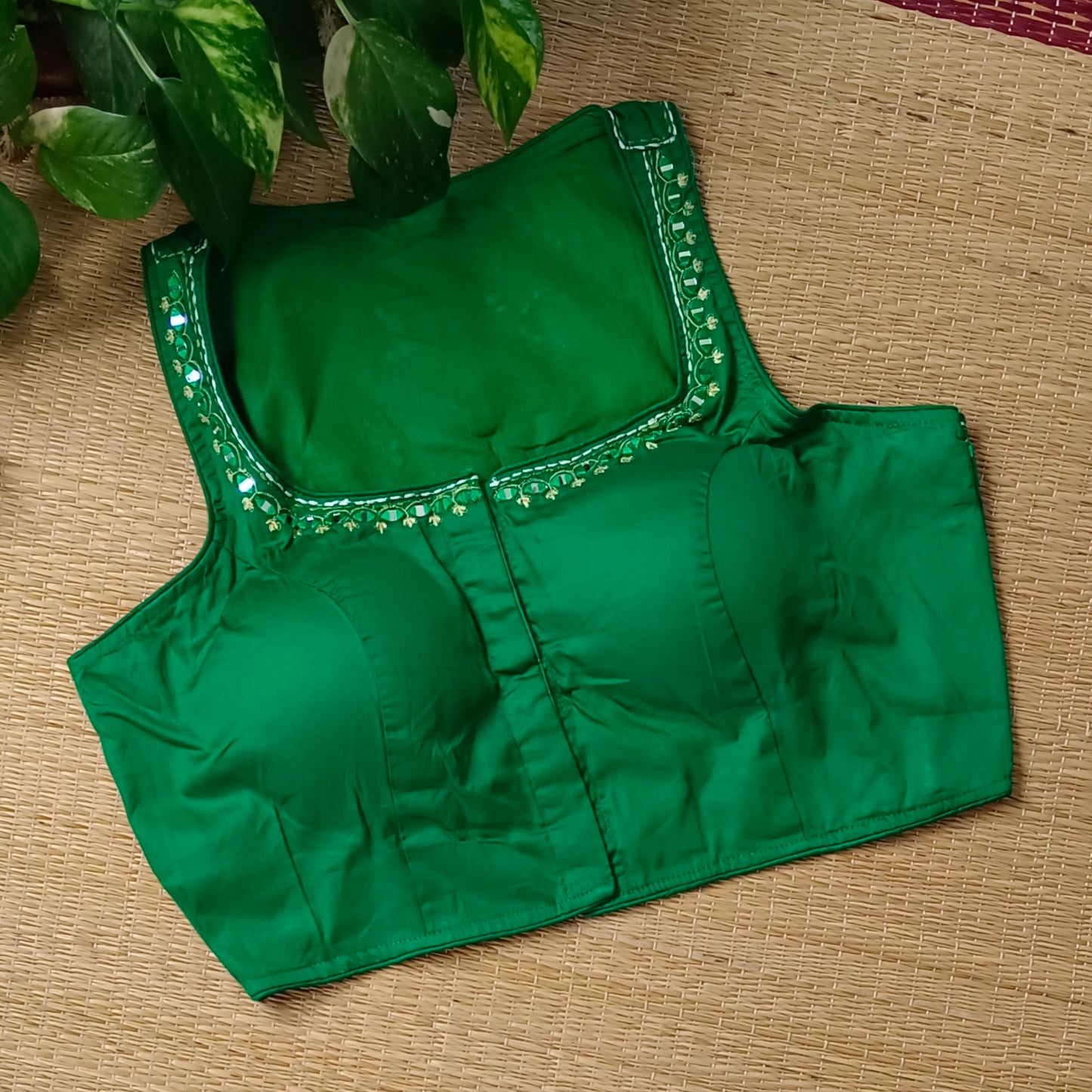 Leaf green mirror & katha work blouse