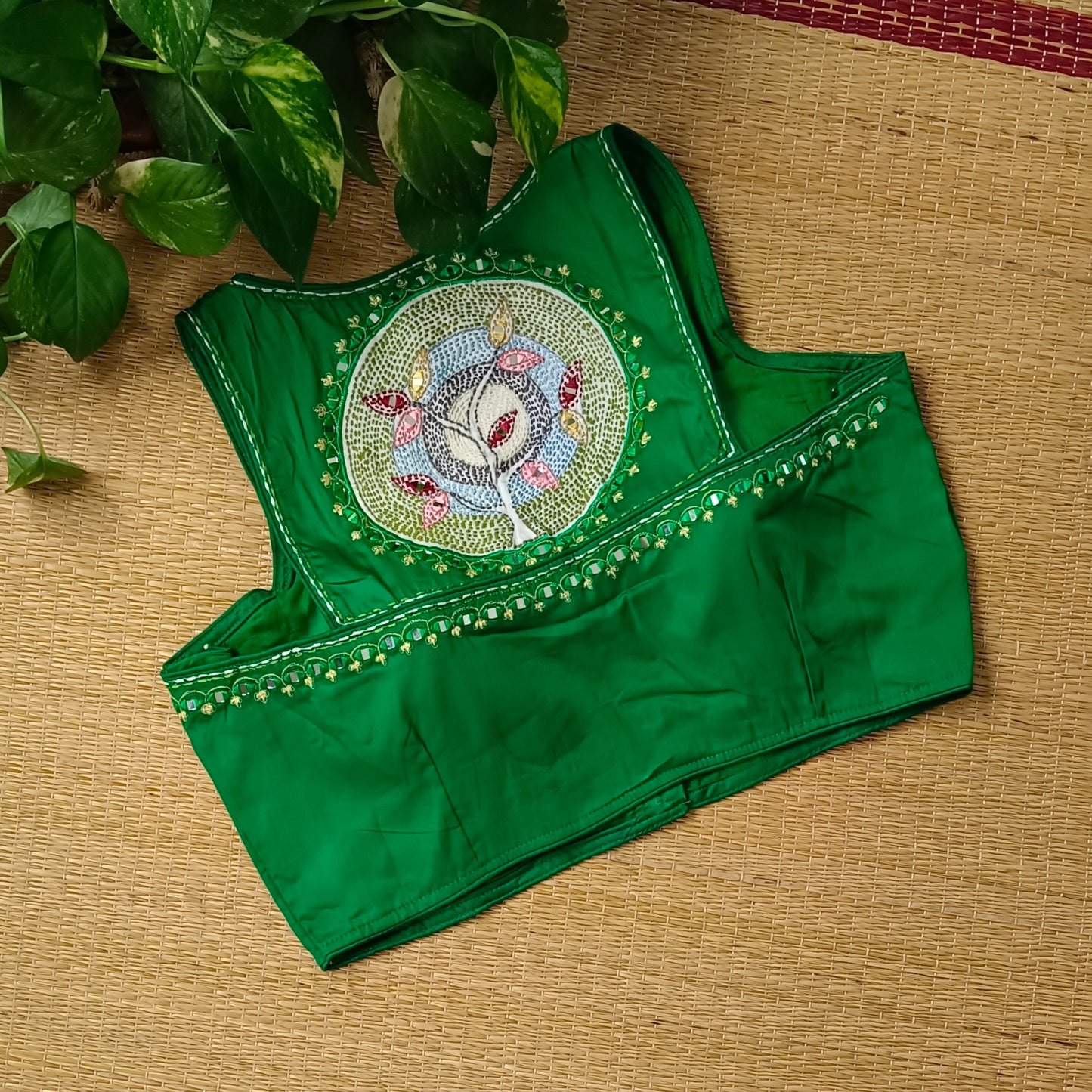 Leaf green mirror & katha work blouse