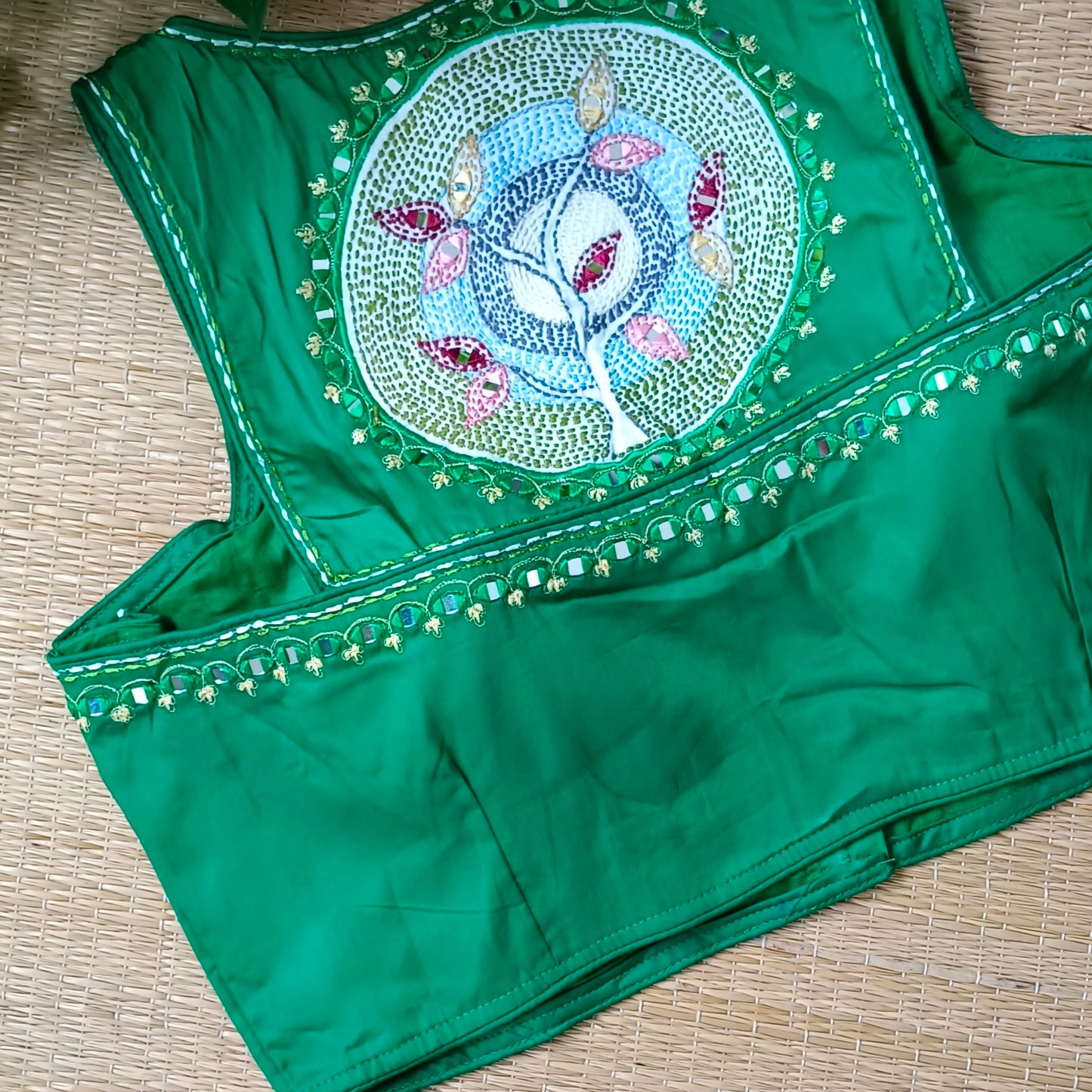Leaf green mirror & katha work blouse