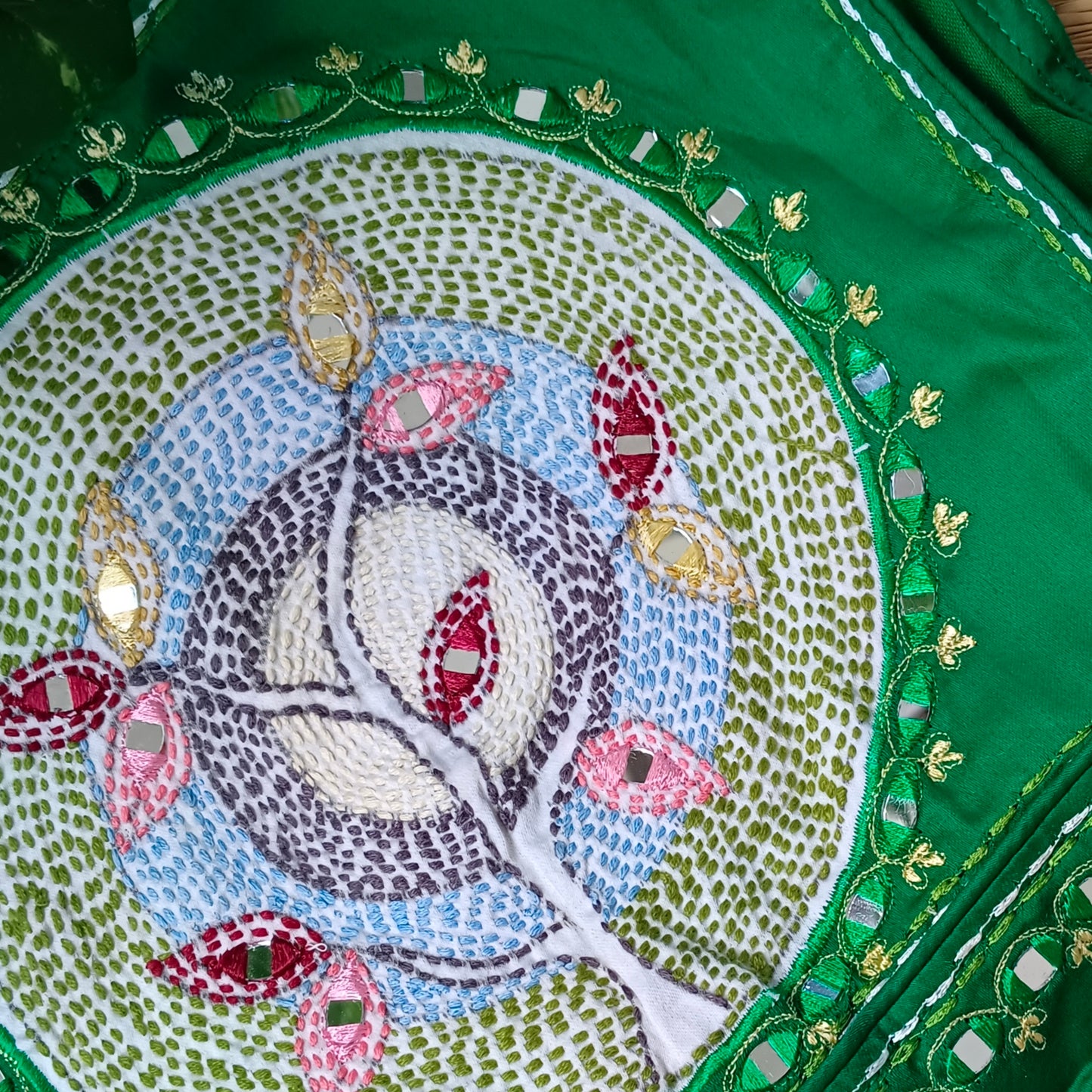 Leaf green mirror & katha work blouse