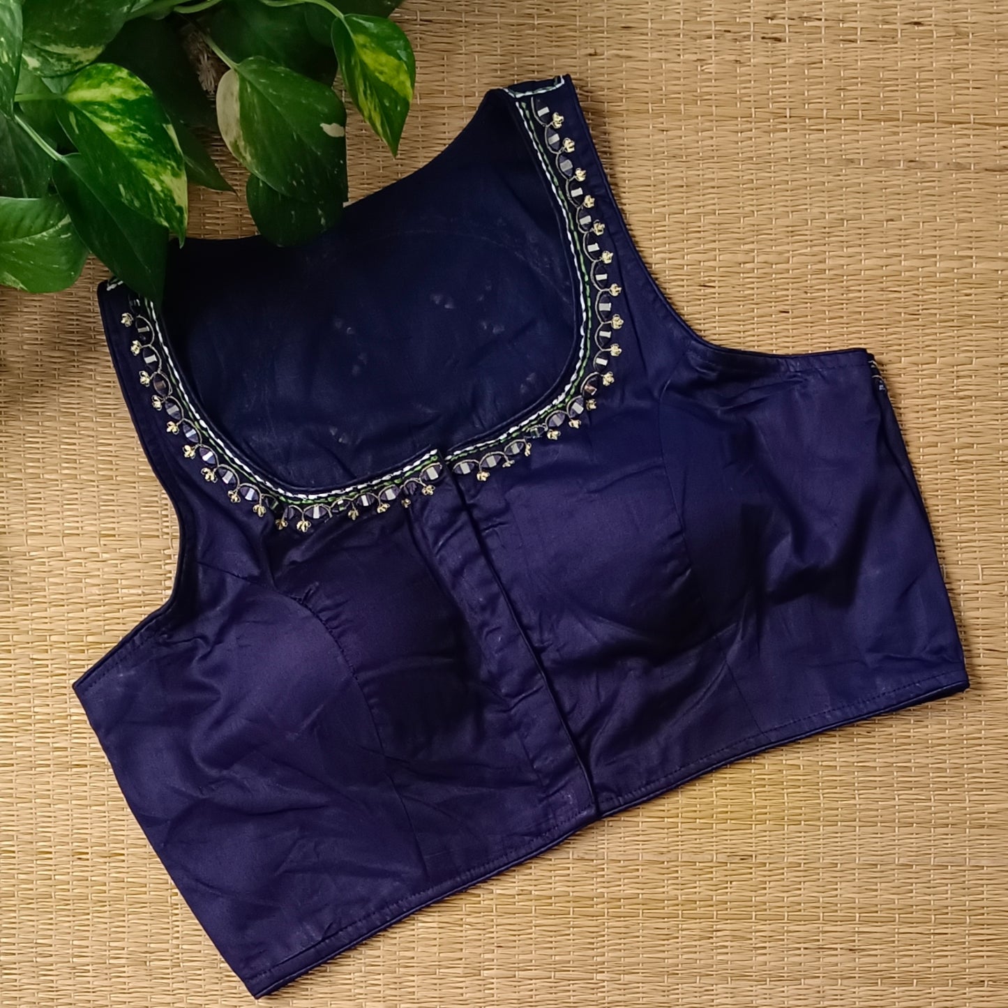 Navy blue mirror & katha work blouse