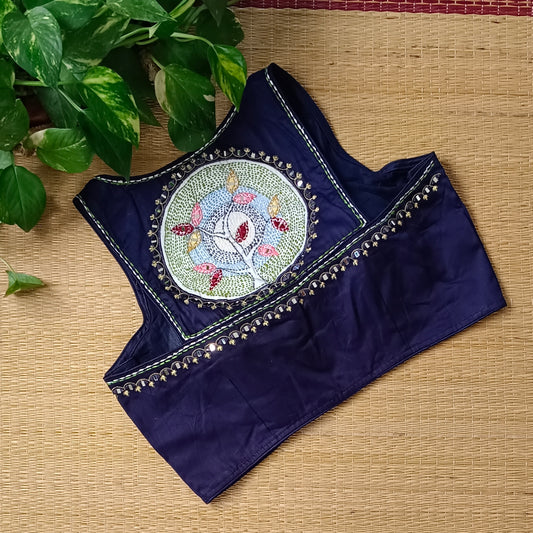 Navy blue mirror & katha work blouse