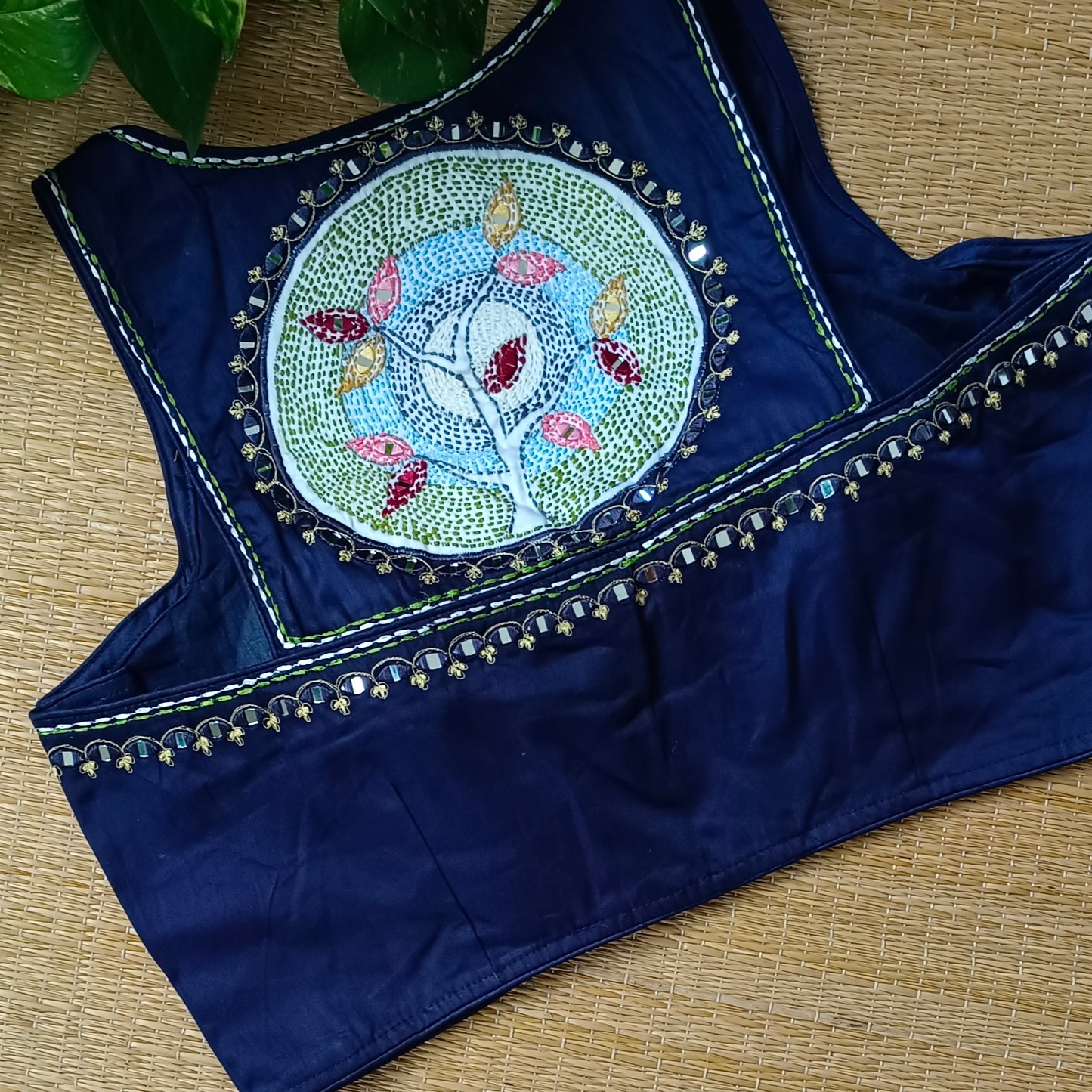 Navy blue mirror & katha work blouse