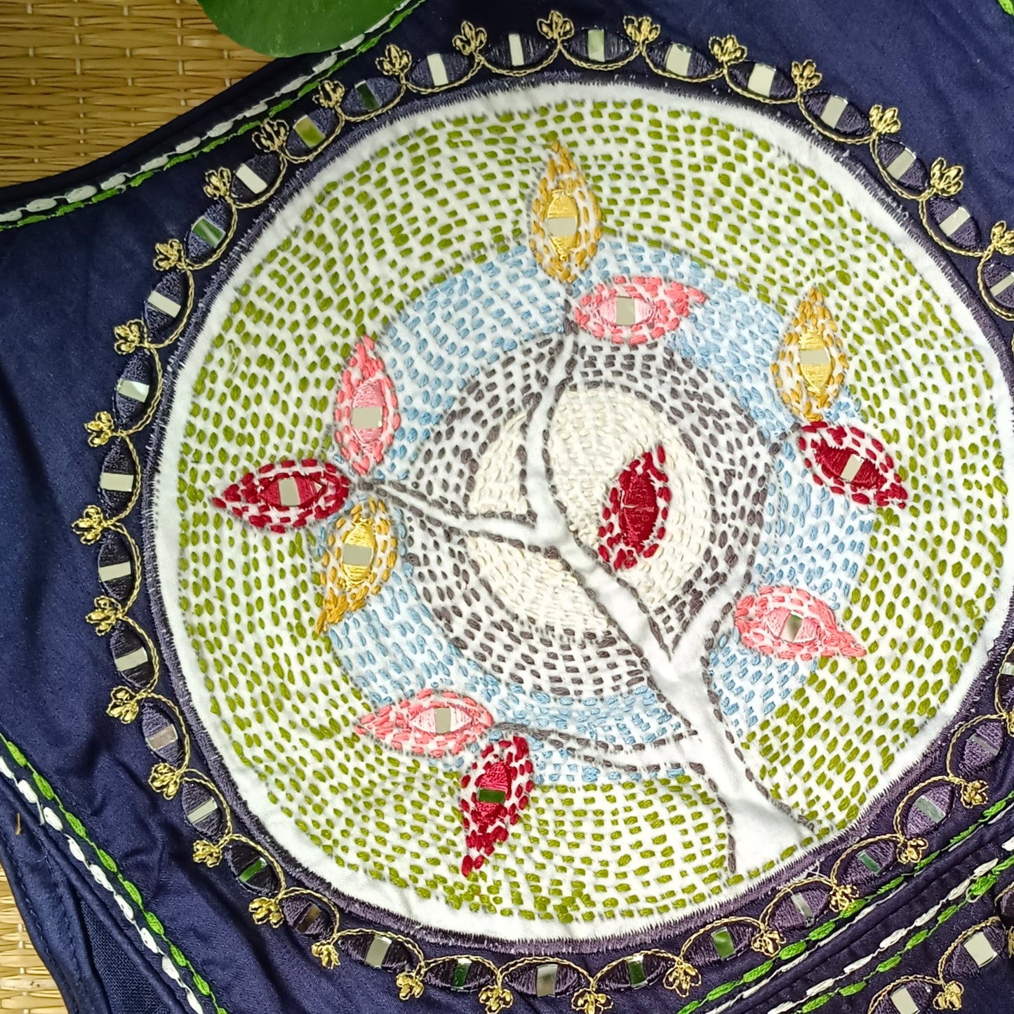 Navy blue mirror & katha work blouse