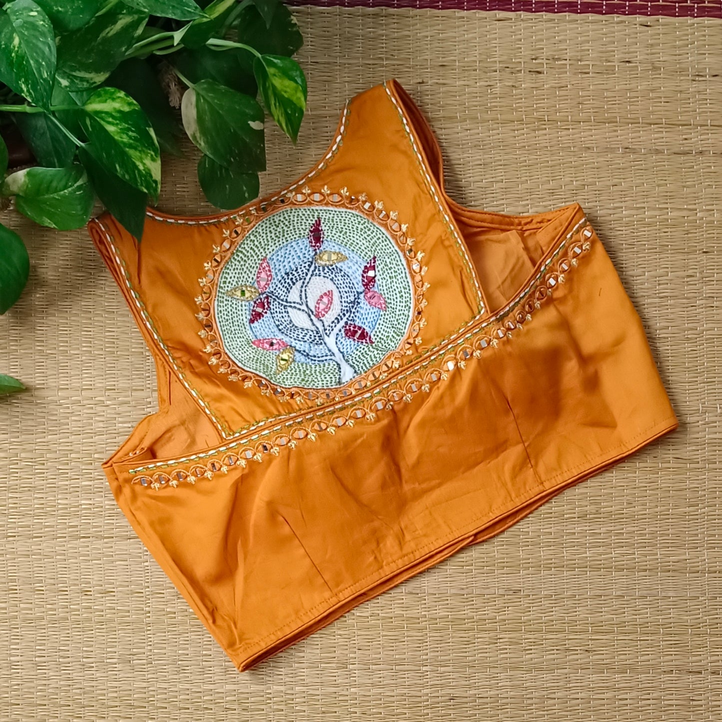 Mustard Yellow mirror & katha work blouse
