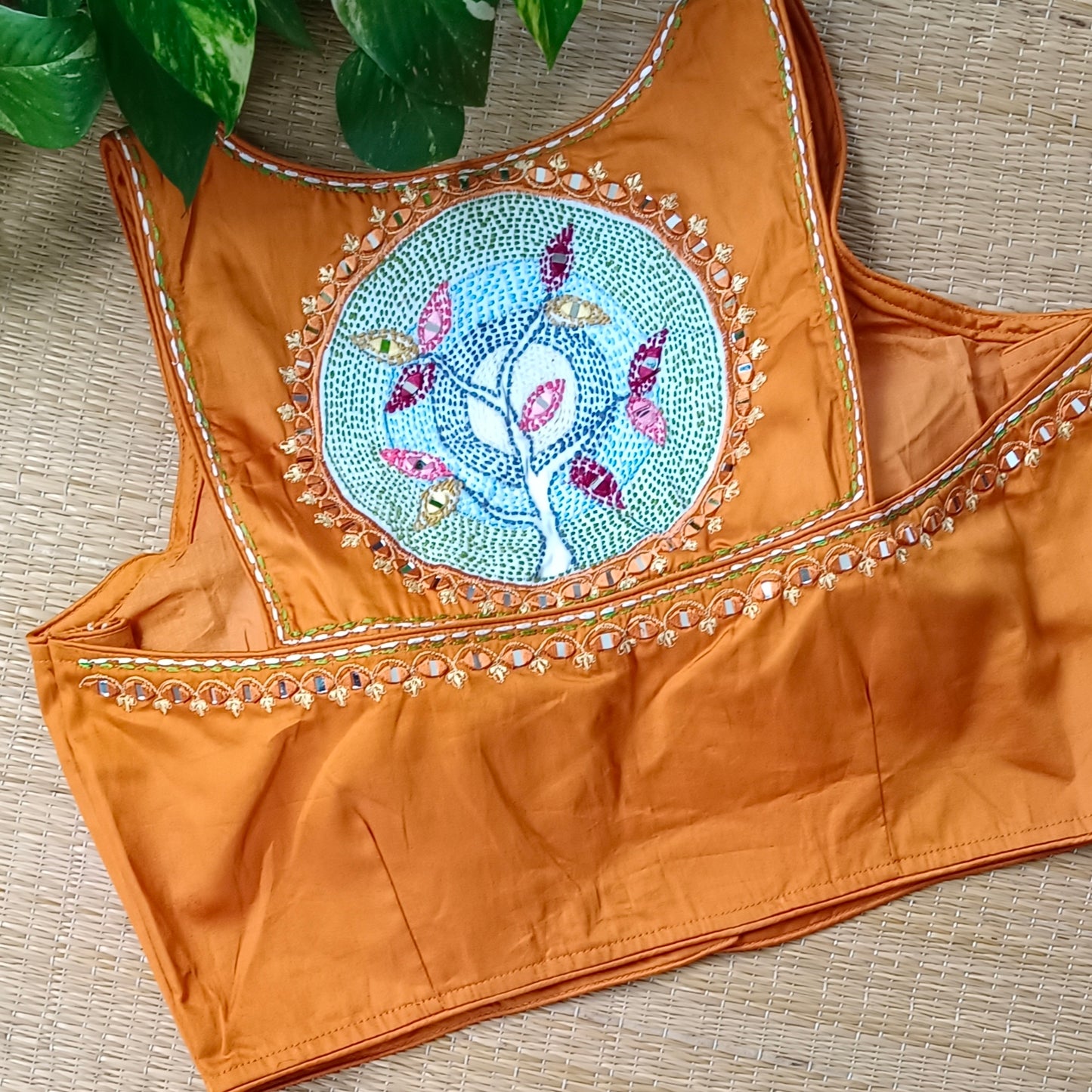 Mustard Yellow mirror & katha work blouse