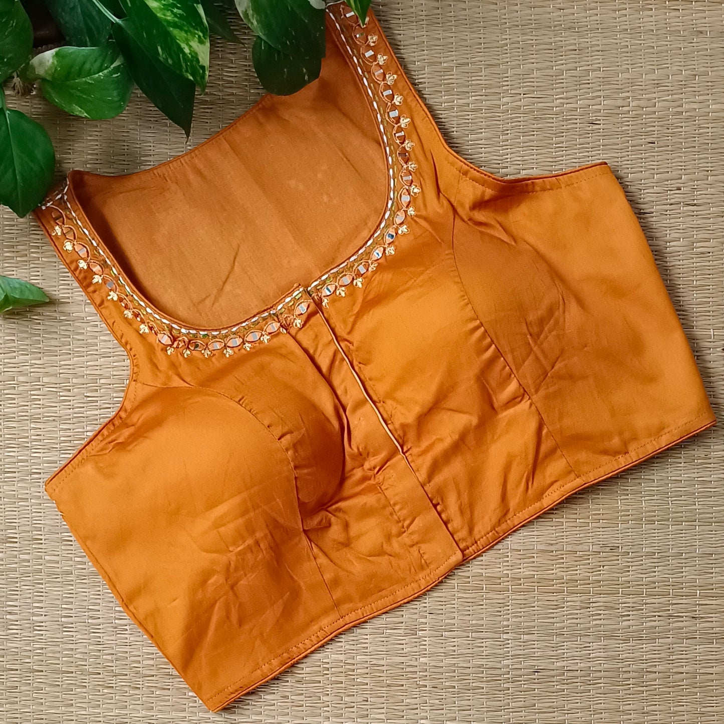 Mustard Yellow mirror & katha work blouse