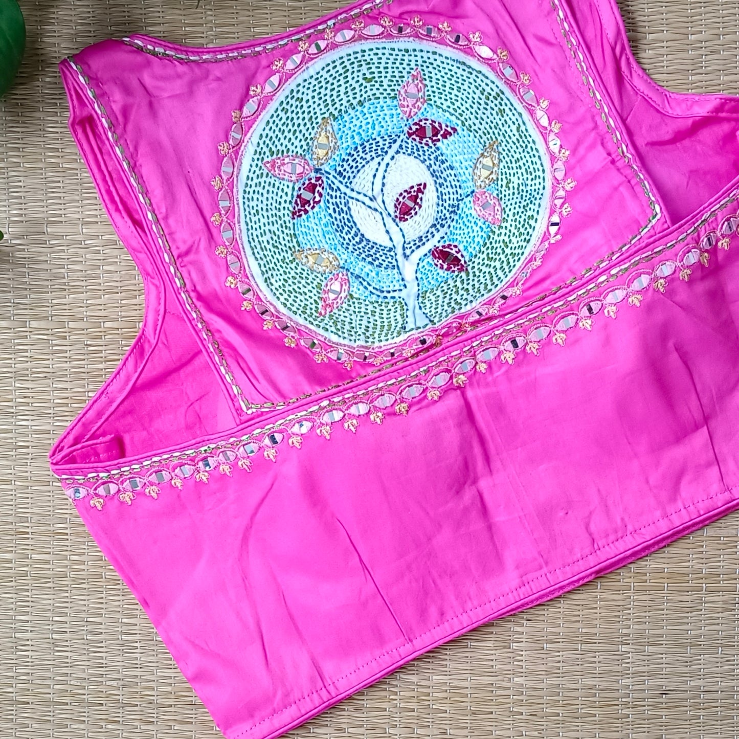 Pink mirror & katha work blouse