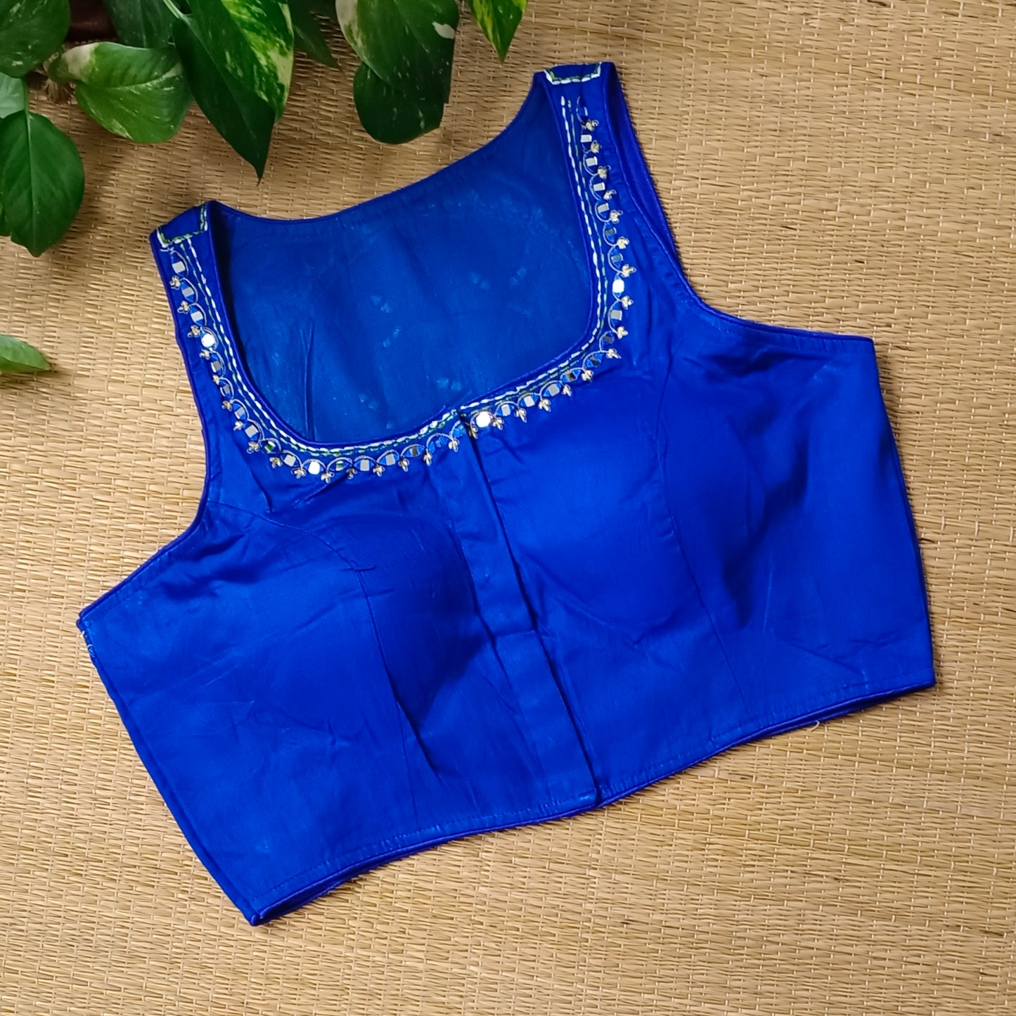 Royal blue mirror & katha work blouse