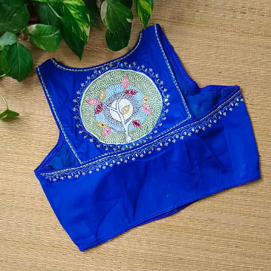 Royal blue mirror & katha work blouse