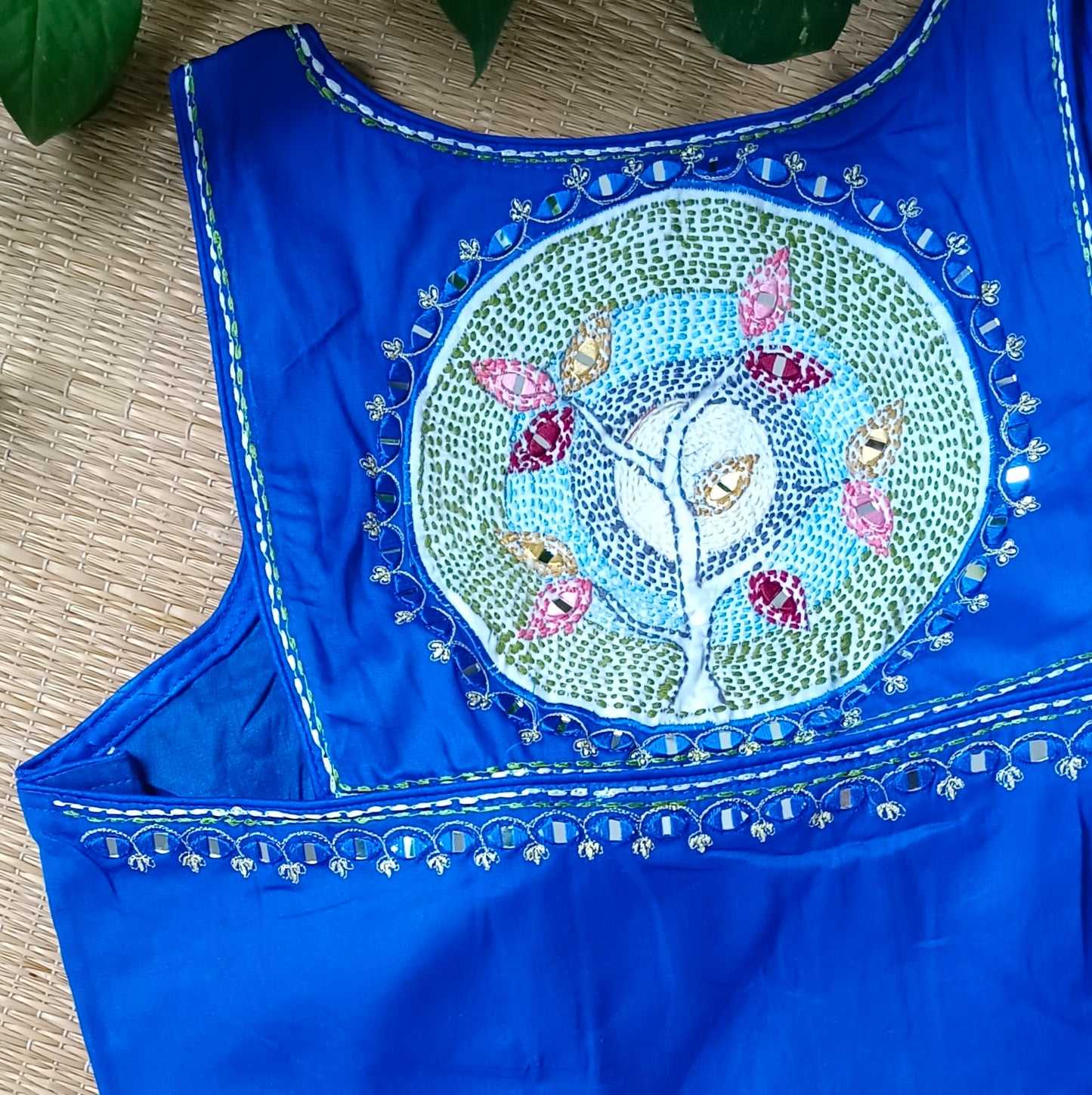 Royal blue mirror & katha work blouse
