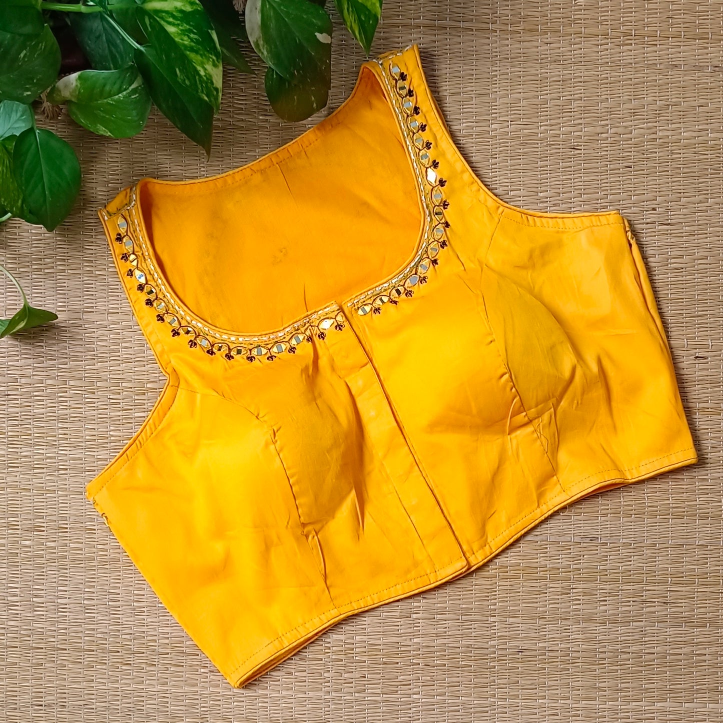 Yellow mirror & katha work blouse