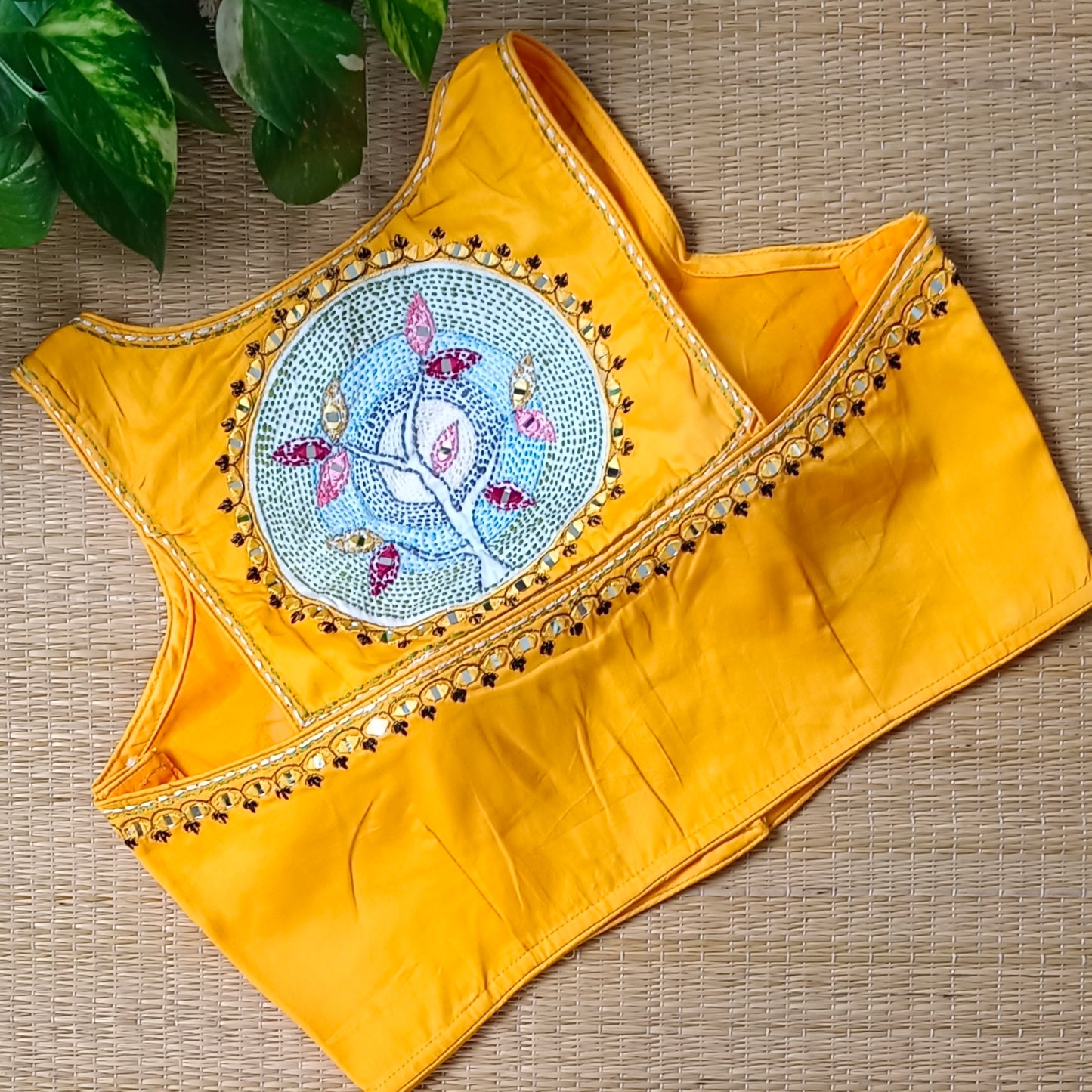 Yellow mirror & katha work blouse