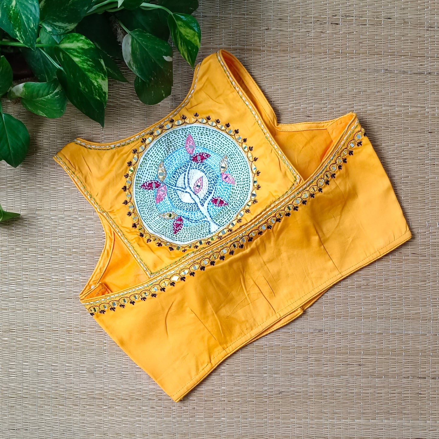 Yellow mirror & katha work blouse