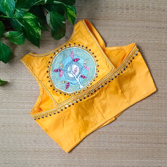Yellow mirror & katha work blouse