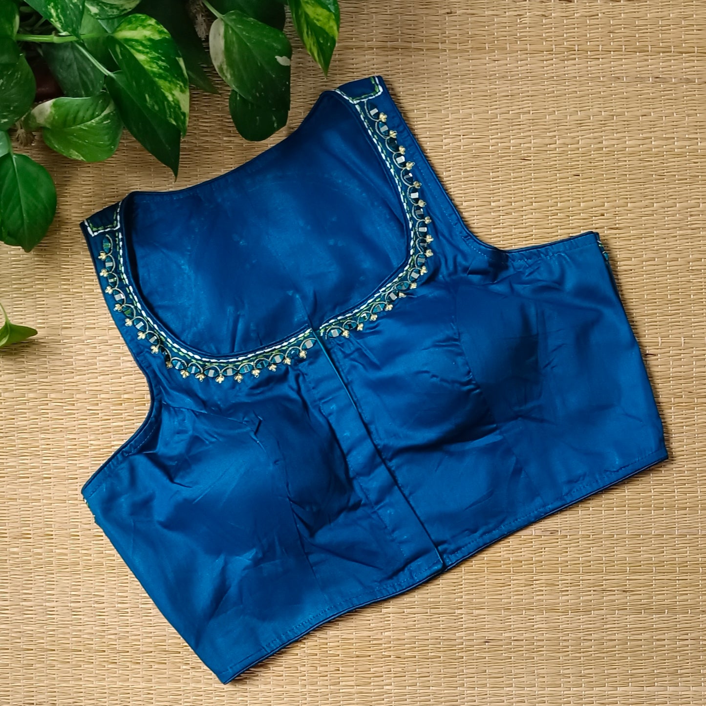 Dark blue mirror & katha work blouse