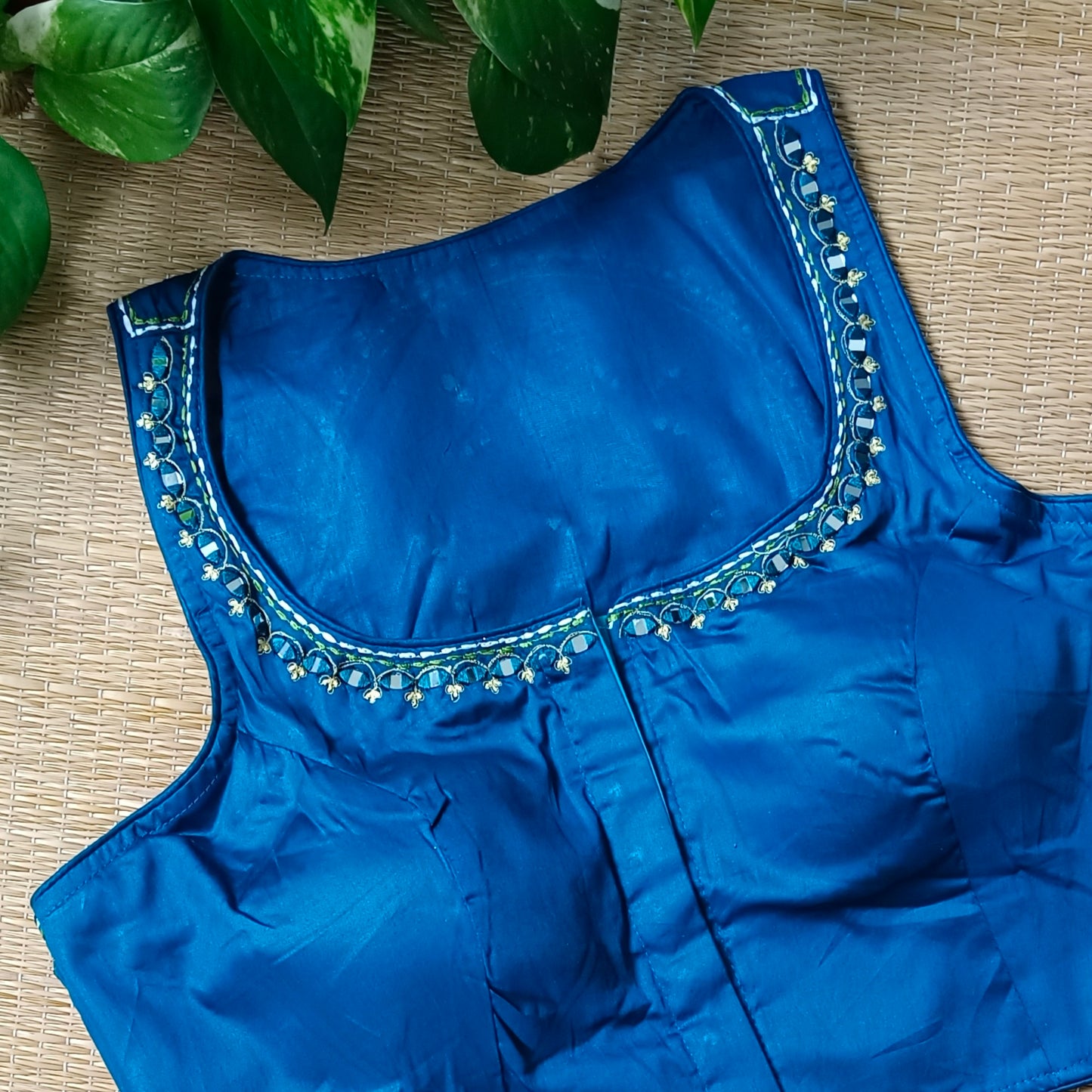 Dark blue mirror & katha work blouse