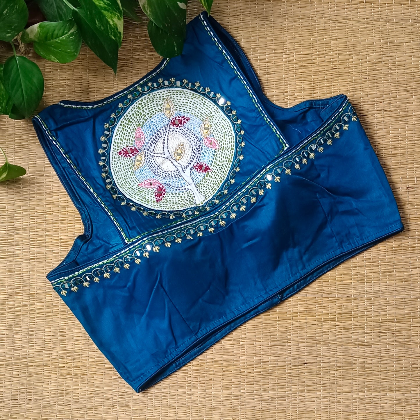 Dark blue mirror & katha work blouse