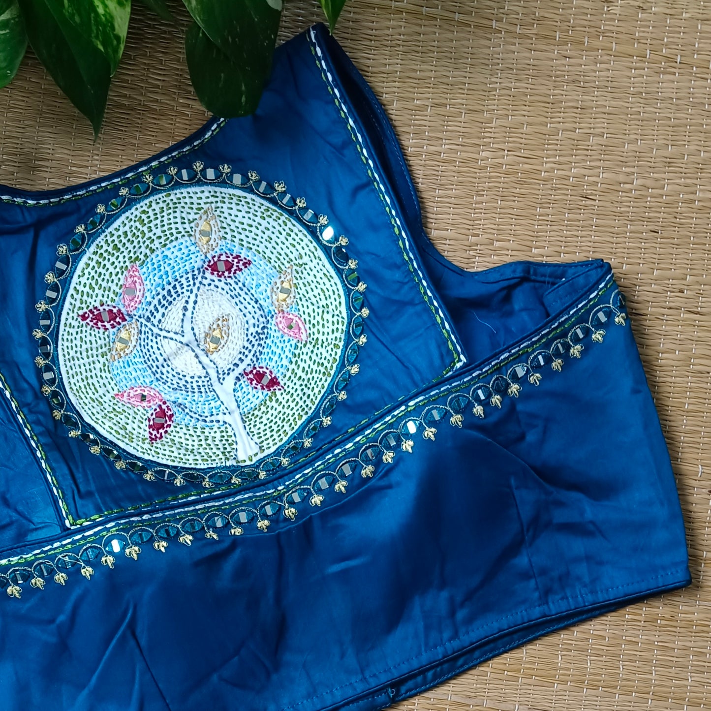 Dark blue mirror & katha work blouse