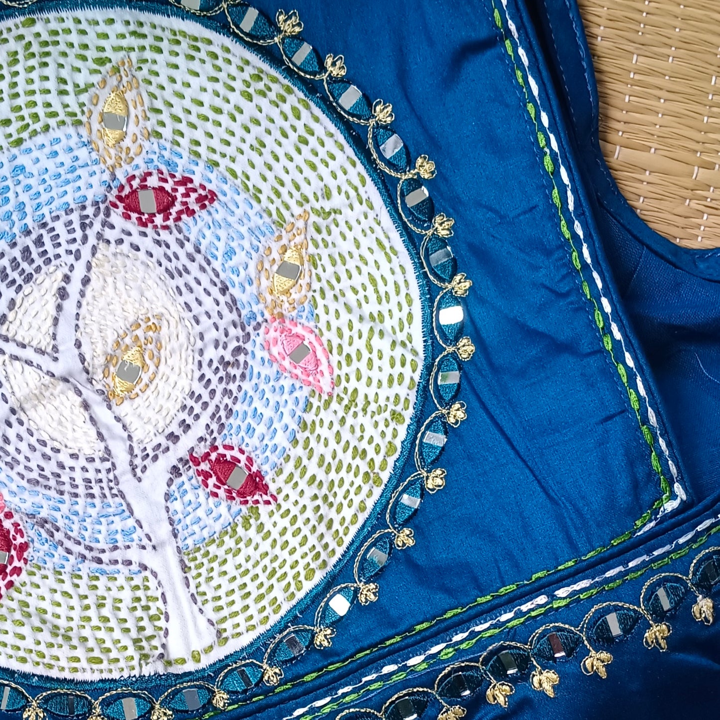 Dark blue mirror & katha work blouse