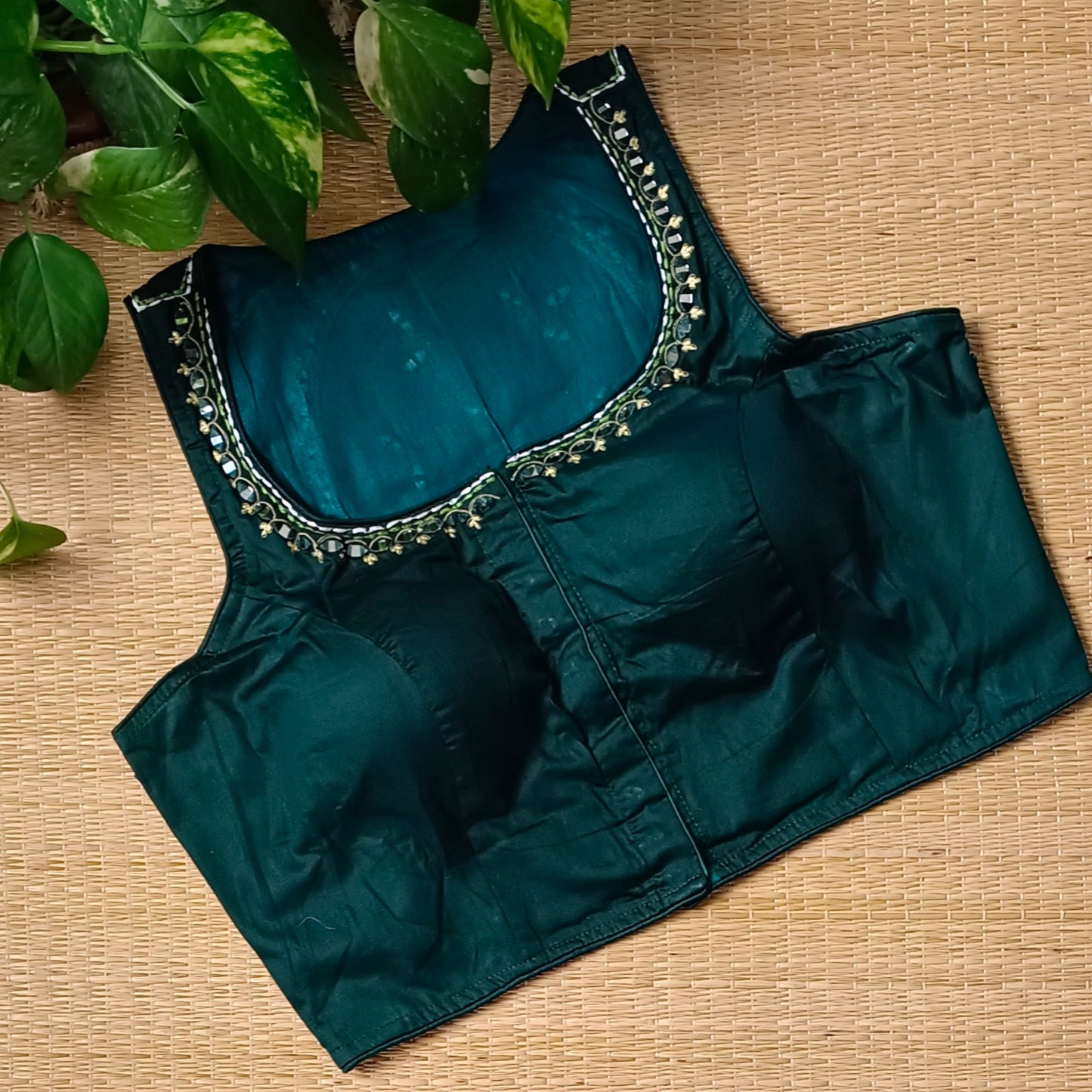 Bottle green mirror & katha work blouse