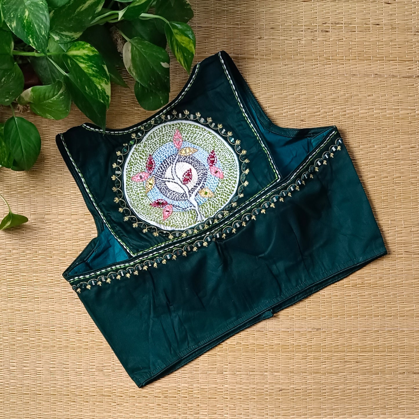 Bottle green mirror & katha work blouse
