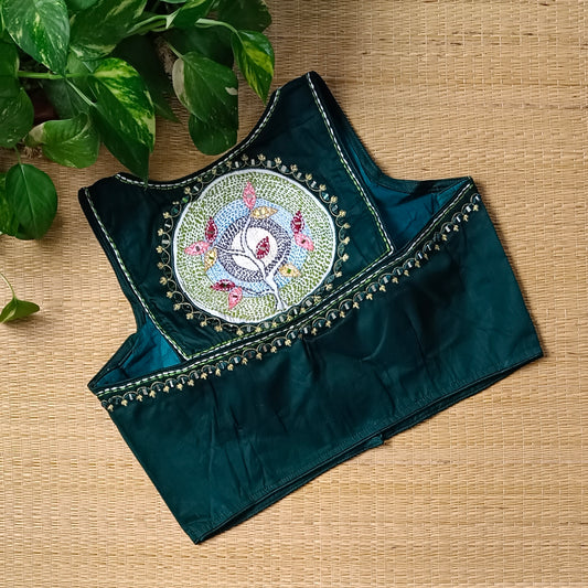 Bottle green mirror & katha work blouse