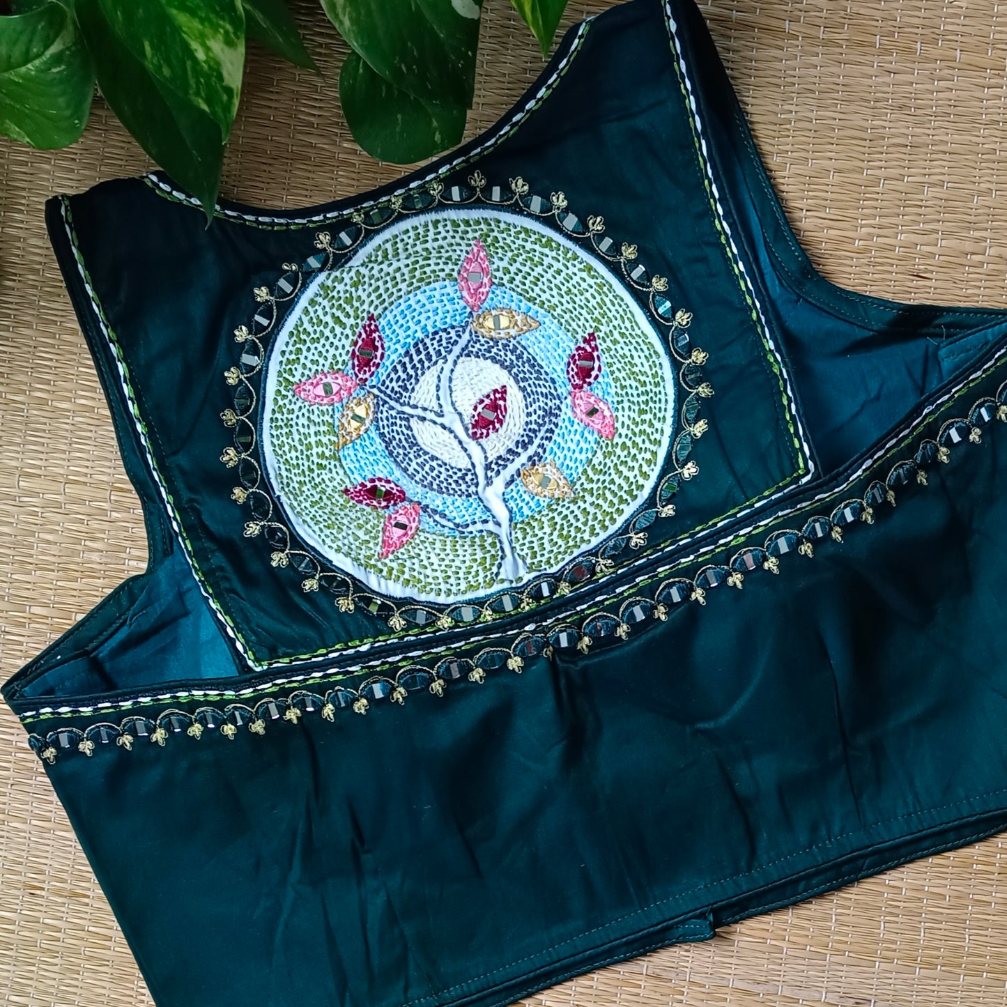 Bottle green mirror & katha work blouse