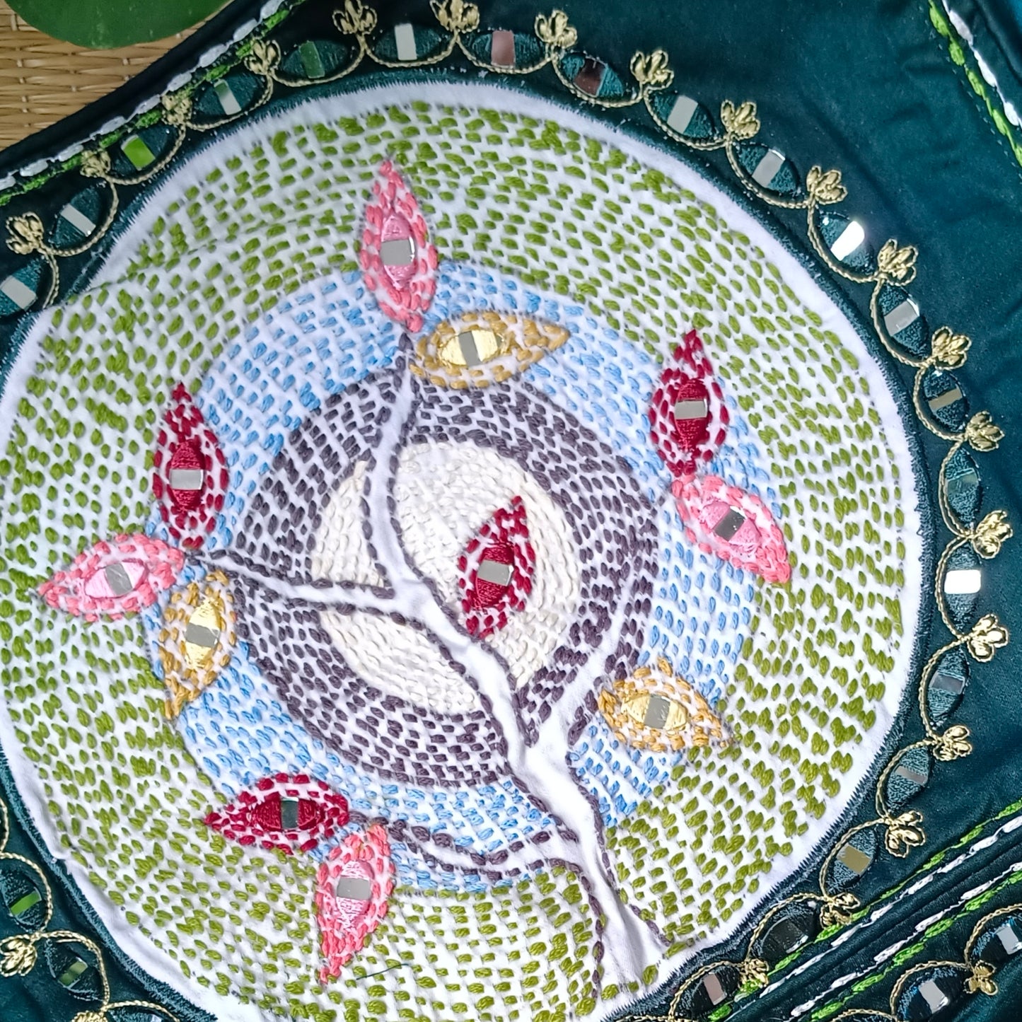 Bottle green mirror & katha work blouse