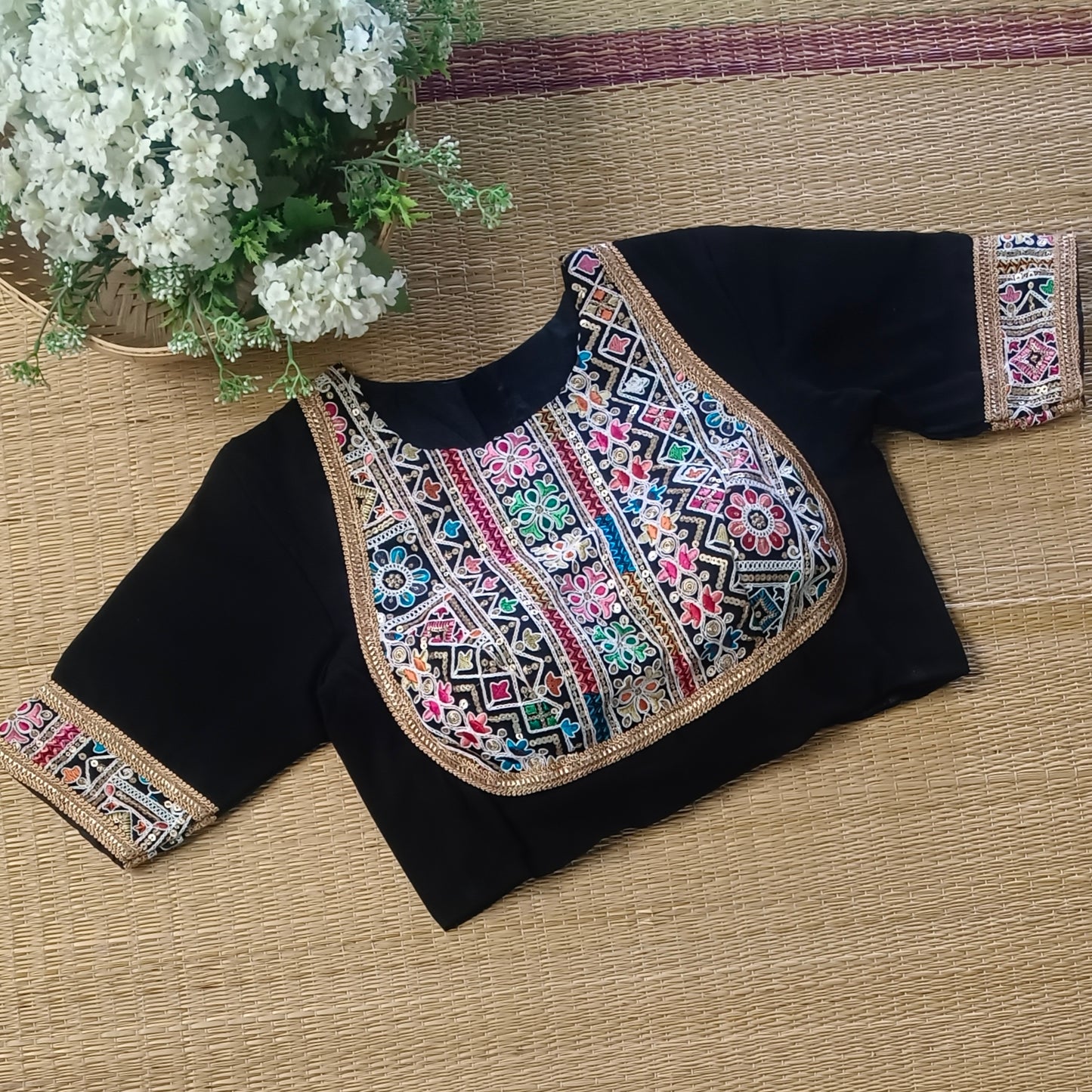 Black Multicolor Embroidery High Neck Blouse