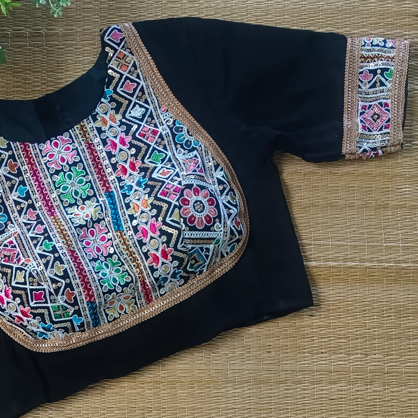 Black Multicolor Embroidery High Neck Blouse