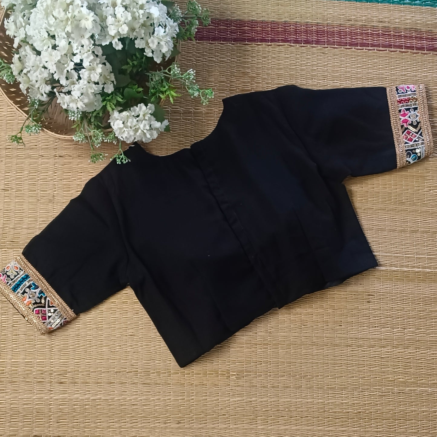 Black Multicolor Embroidery High Neck Blouse