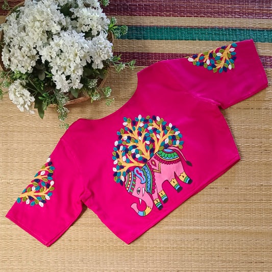 Rani pink hand painted & hand embroidery blouse