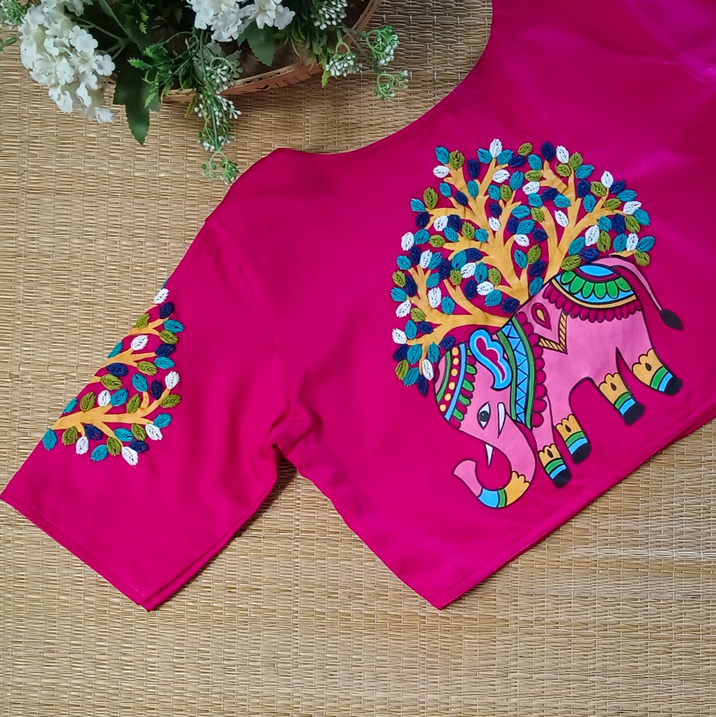 Rani pink hand painted & hand embroidery blouse