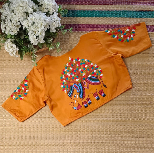 Mustard yellow hand painted & hand embroidery blouse